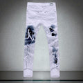 QUANBO Big size  White Printed Men Jeans Fashion Male Unique Cotton stretch jeans Man's Casual Character Pattern biker jeans