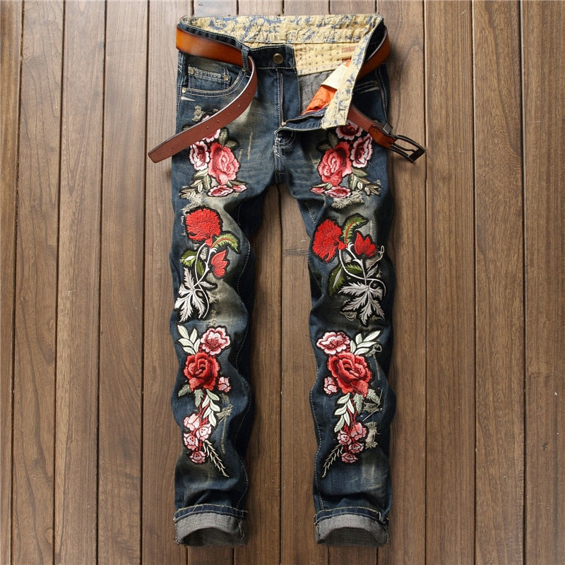 Man's Popular rose embroidery Jeans 2017 Brand design Hole patch ripped DJ nightclub jeans pants Size 28-38 For Male