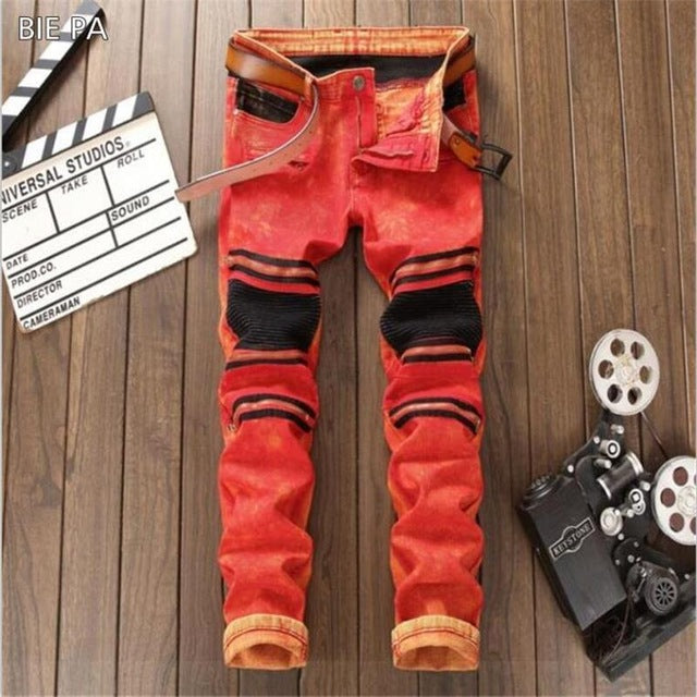 BP 2018 new jeans young man 100% Cotton patchwork nightclubs singers stretch jeans red fashion man's jeans size 29-38 #8806
