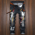 2019 Men Jeans Design Fashion Biker Runway Hiphop Slim Jeans Hole Offset printing Distressed Man's ripped jeans denim trousers
