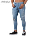 Helisopus 2019 New Men's Jeans Low Waist High Street Hole Pencil Pants Jeans Man's Casual Retro Elastic Slim Fit Jeans