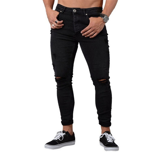 Helisopus 2019 New Men's Jeans Low Waist High Street Hole Pencil Pants Jeans Man's Casual Retro Elastic Slim Fit Jeans